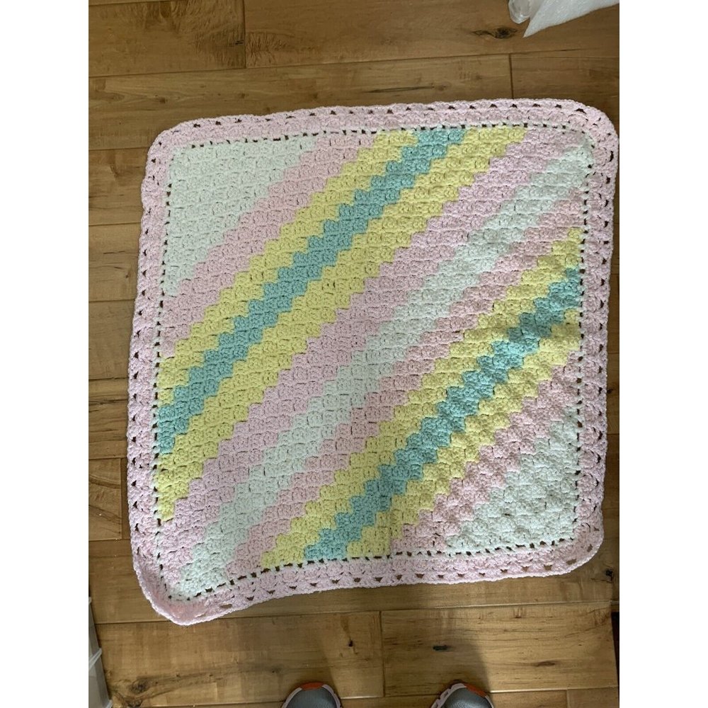 Handmade PINK White Yellow Green Knit Crochet BABY Afghan Blanket 30 x 30 Square